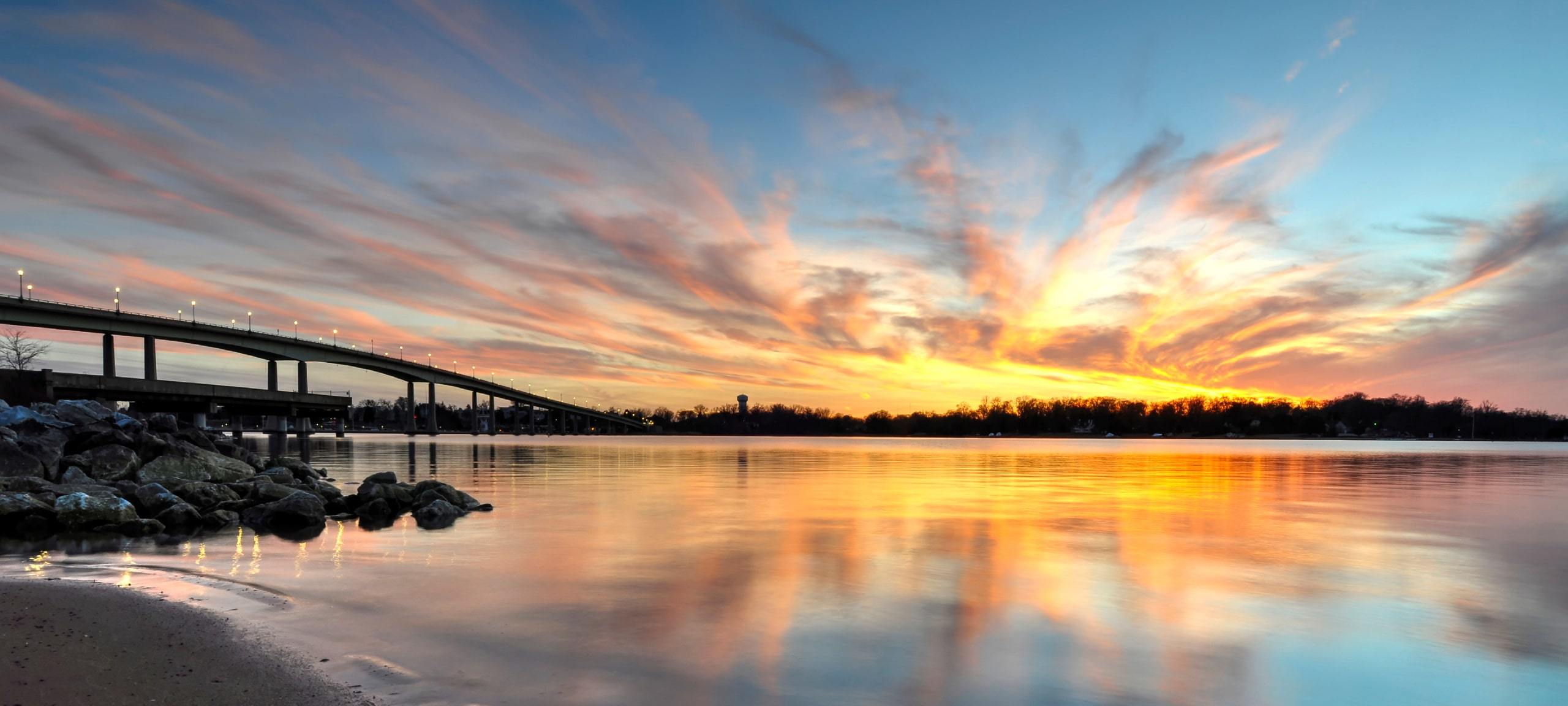 Sunset over Severn River Bridge outside Arnold, MD